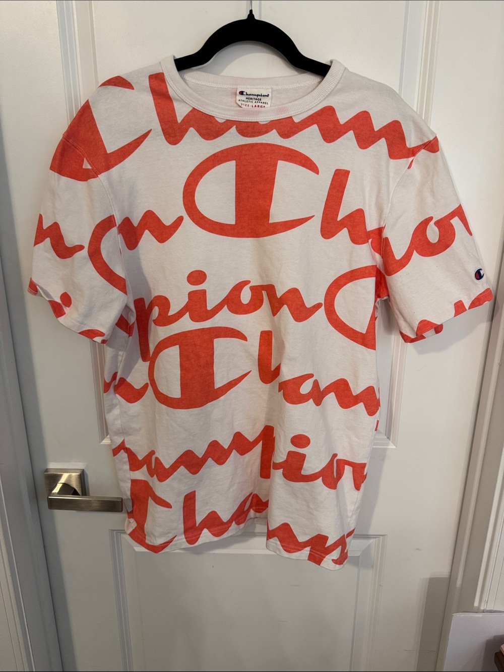 Champion White Tee with Allover Orange Logo Print